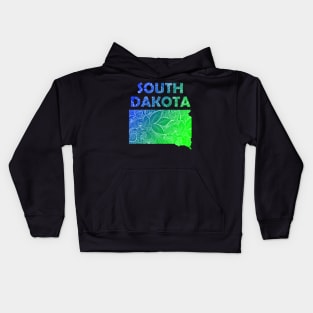 Colorful mandala art map of South Dakota with text in blue and green Kids Hoodie